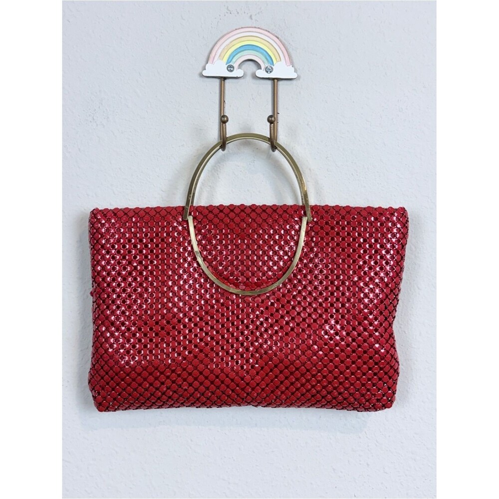 Vintage Red Chain Link Clutch with Gold Foldable Ring Handles 70s